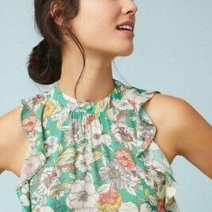 MAEVE S Gramercy Green Mock Neck Liberty Print Ruffled Sleeveless Blouse
